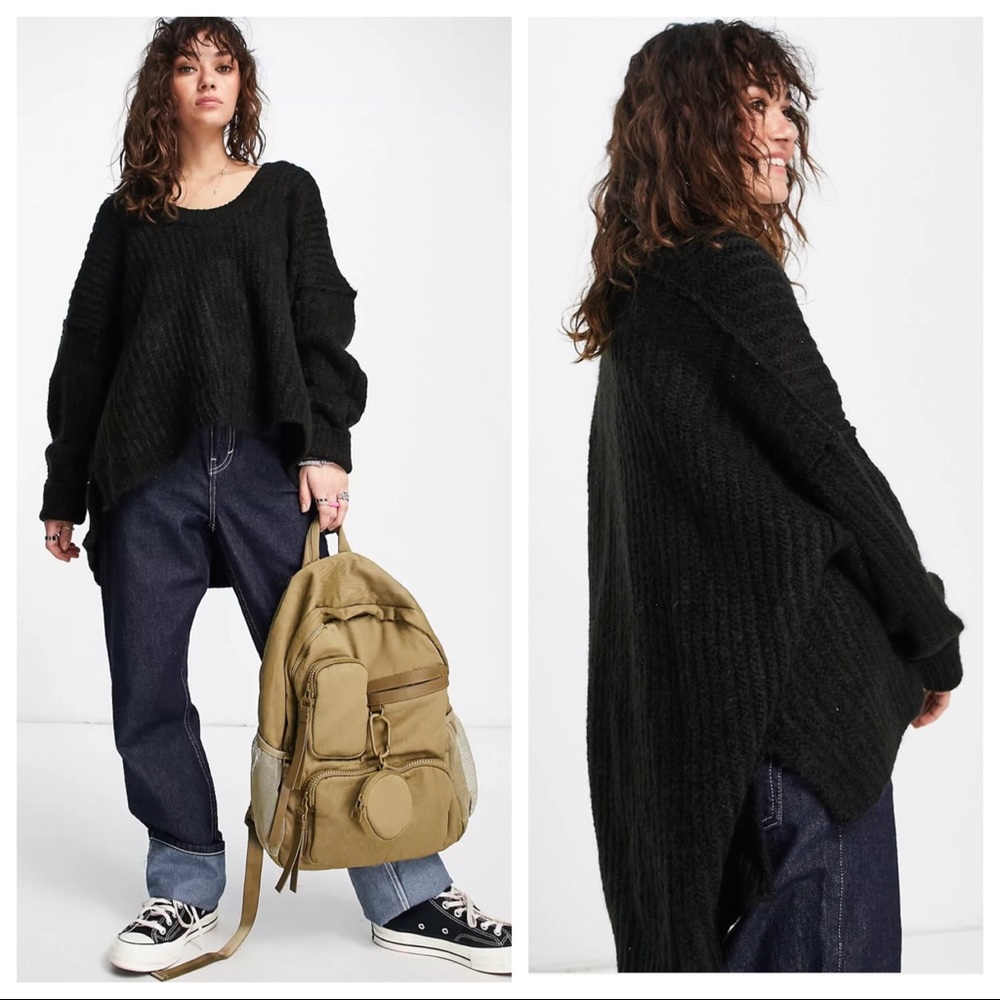 FREE PEOPLE BOHO SWEATER OVERSIZED TUNIC COZY BLACK WINTER PULLOVER A2C - Picture 3 of 13